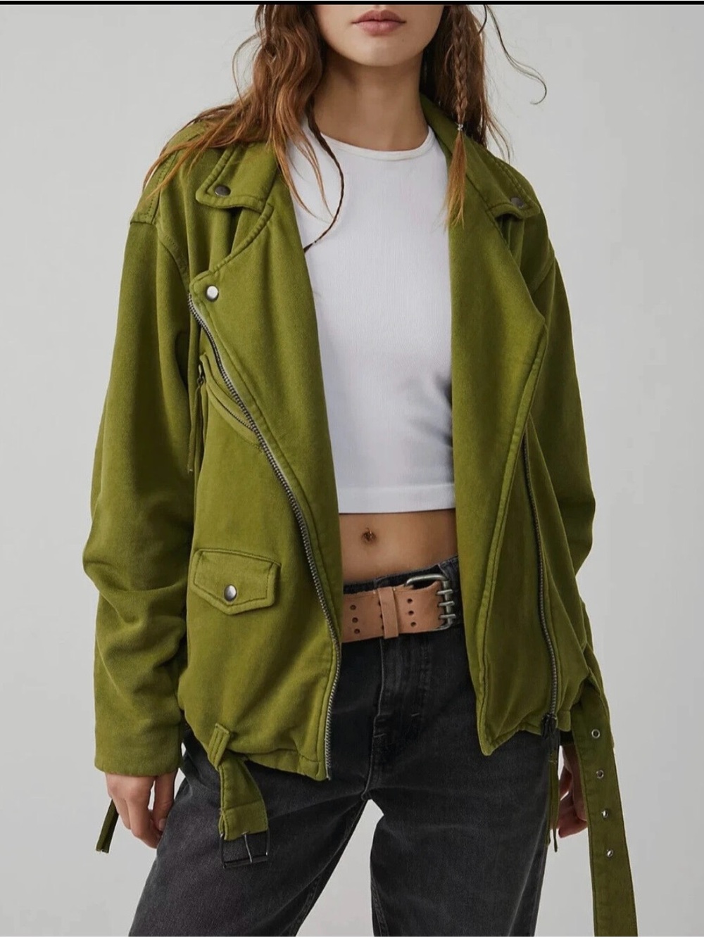 Free People Rebel Knit Olive Green Women’s Moto Jacket - Boho Indie